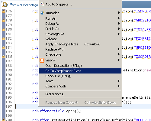 The context menu of Eclipse showing the "Go to complement class".