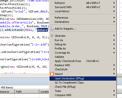 The context menu of Eclipse showing the "Open Declaration (EPlug)" command.