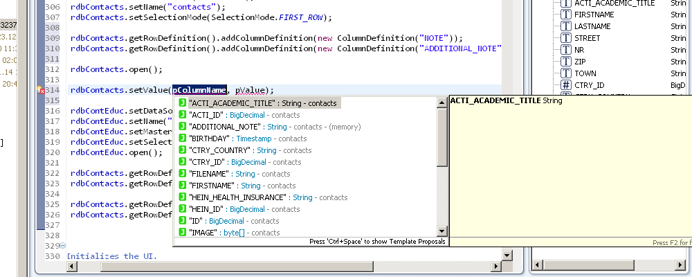 Showing the code completion of columns.