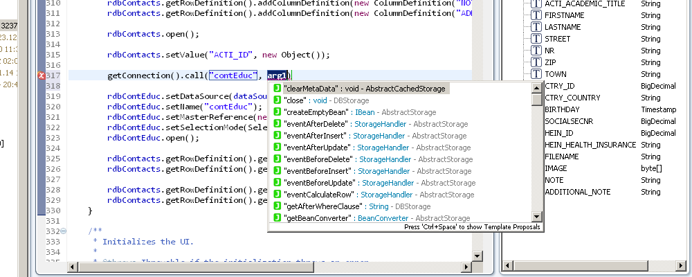 Showing the code completion for server calls.